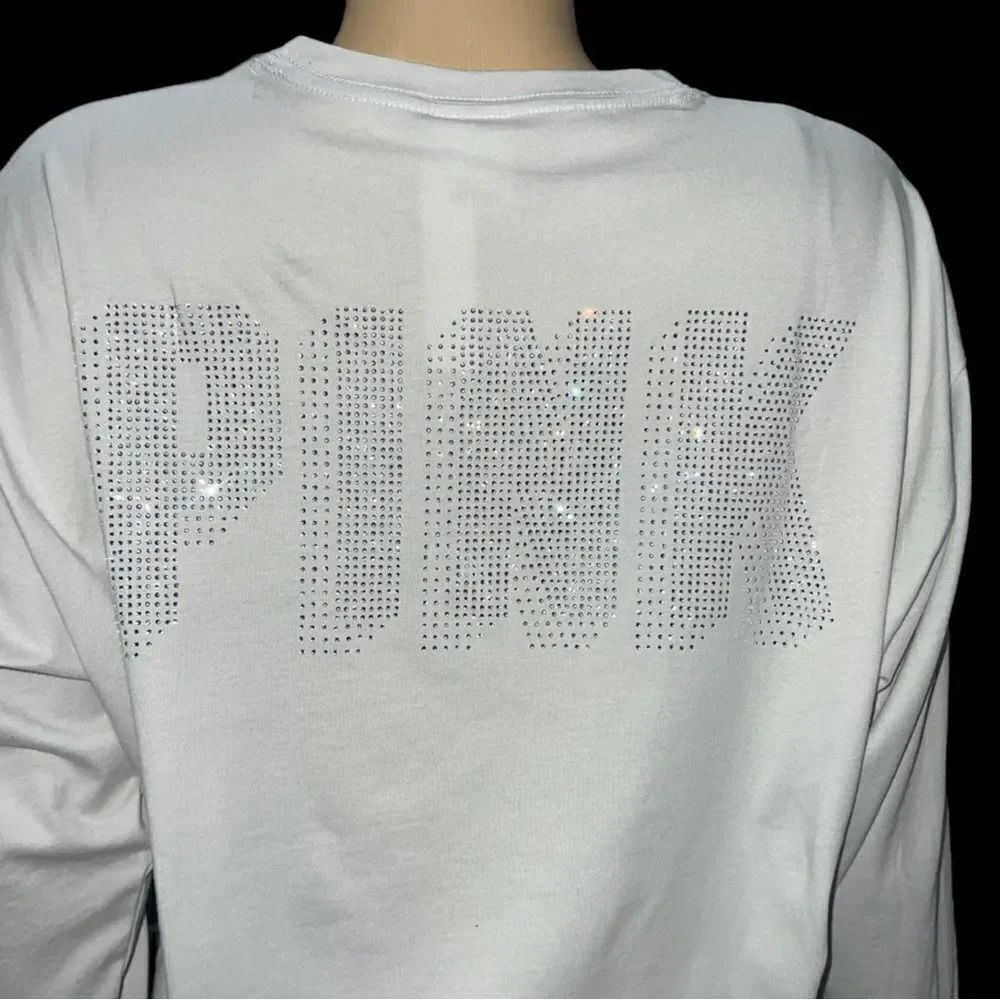 Victoria’s Secret Pink bling Rhinestone Logos long sleeve t- shirt Gray Xlarge